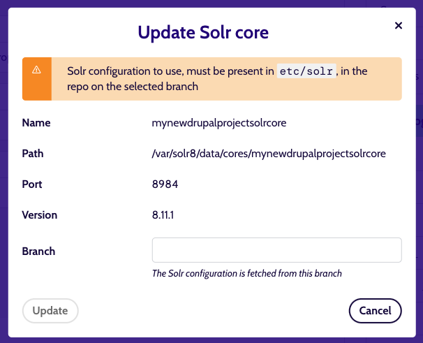 Solr service action: update Solr config