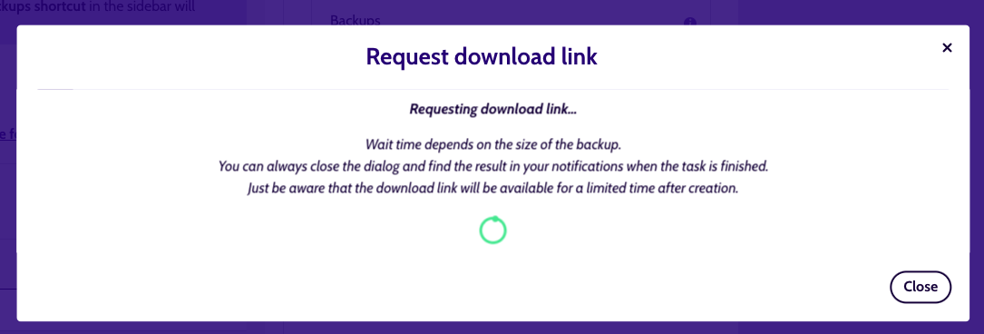 modal for the backup download