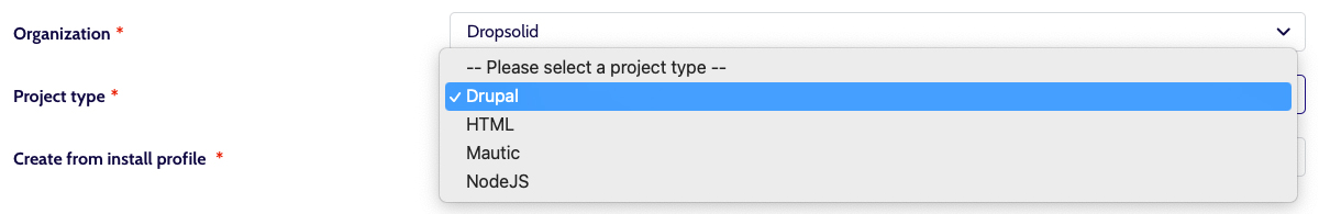 Project creation Step 1: project type 