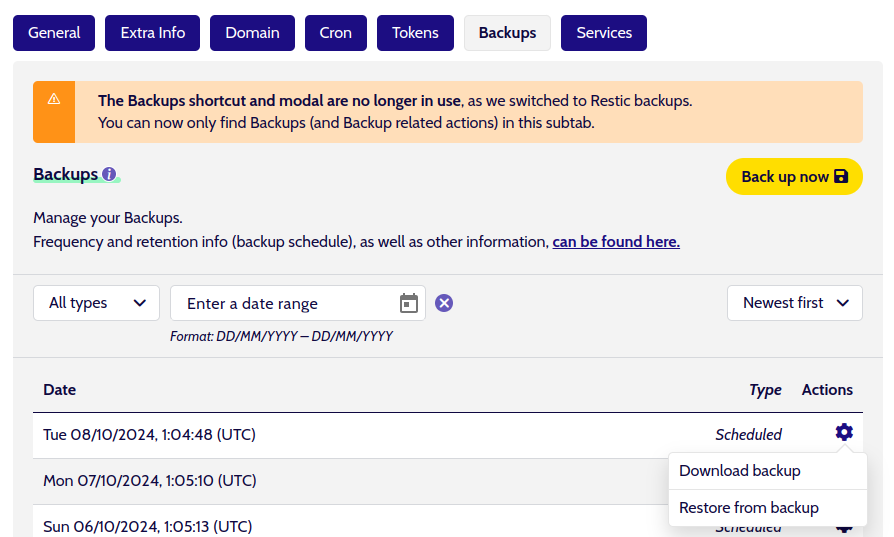 Environment Backups tab